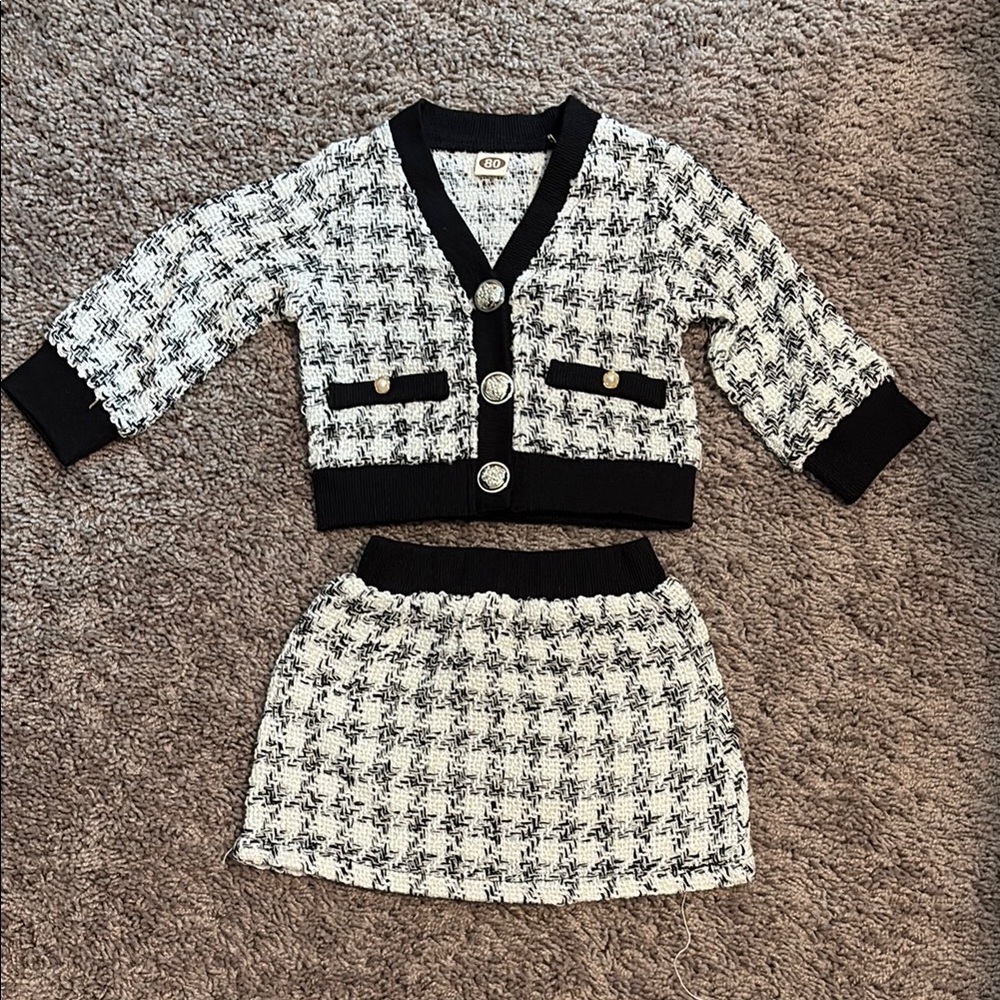 Elegant Black and White Tweed Cardigan Set